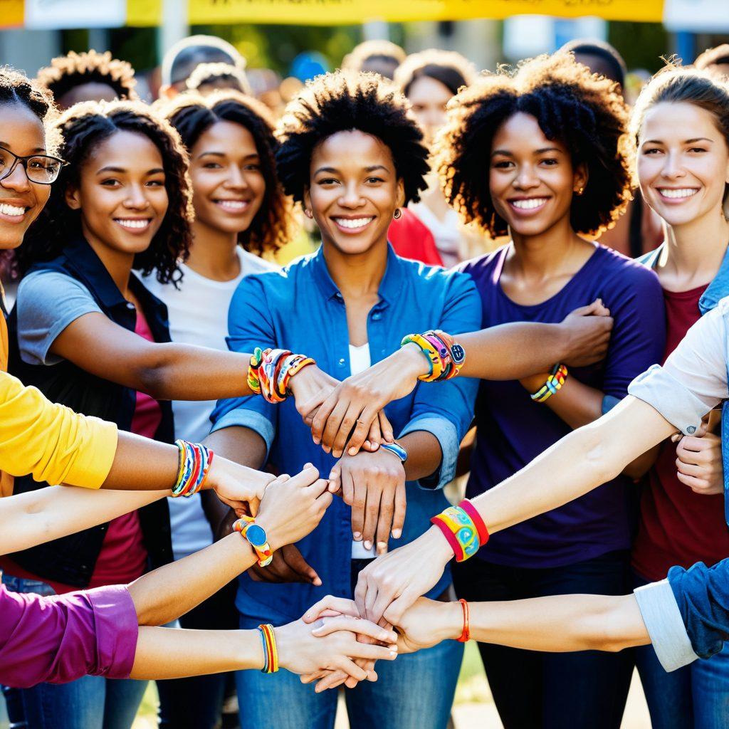 A diverse group of people wearing colorful wristbands with empowering symbols, standing united in a circle of light. The wristbands feature hearts, stars, and charity logos, symbolizing hope and unity. A backdrop of a bustling community event with banners showcasing various nonprofit initiatives. Super-realistic. vibrant colors. warm and inviting atmosphere.