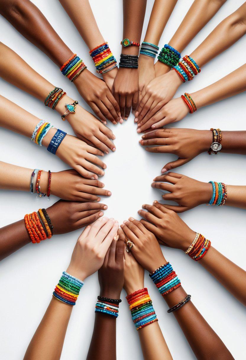 An inspiring scene of diverse individuals wearing hero bracelets, standing united with backgrounds representing various social causes like environment protection, healthcare, and education; the bracelets glowing with a powerful light symbolizing hope and solidarity. Vibrant colors. super-realistic. white background.