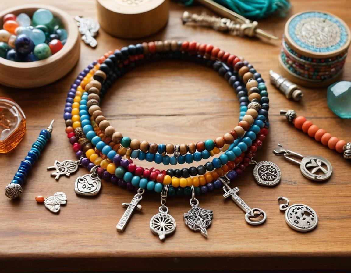 A close-up of beautifully designed hero bracelets, each one adorned with unique charms symbolizing different causes like health, environment, and equality. Arrange them on a wooden craft table with tools, beads, and threads scattered about, capturing a sense of DIY creativity and personal touch. Let vibrant colors of the bracelets stand out against the earthy tones of the table. super-realistic. vibrant colors.